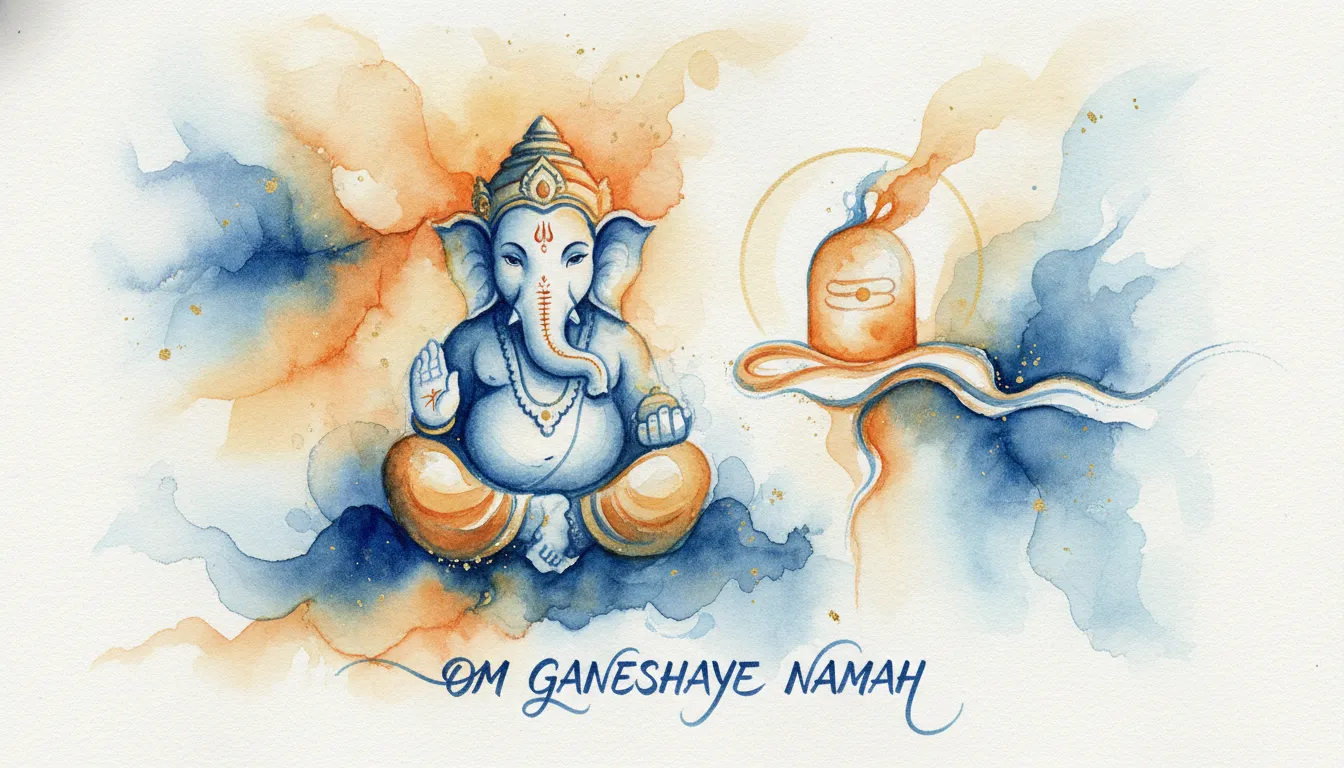 Minimalist glowing neon line art of Lord Ganesha and a Shivling on a dark background