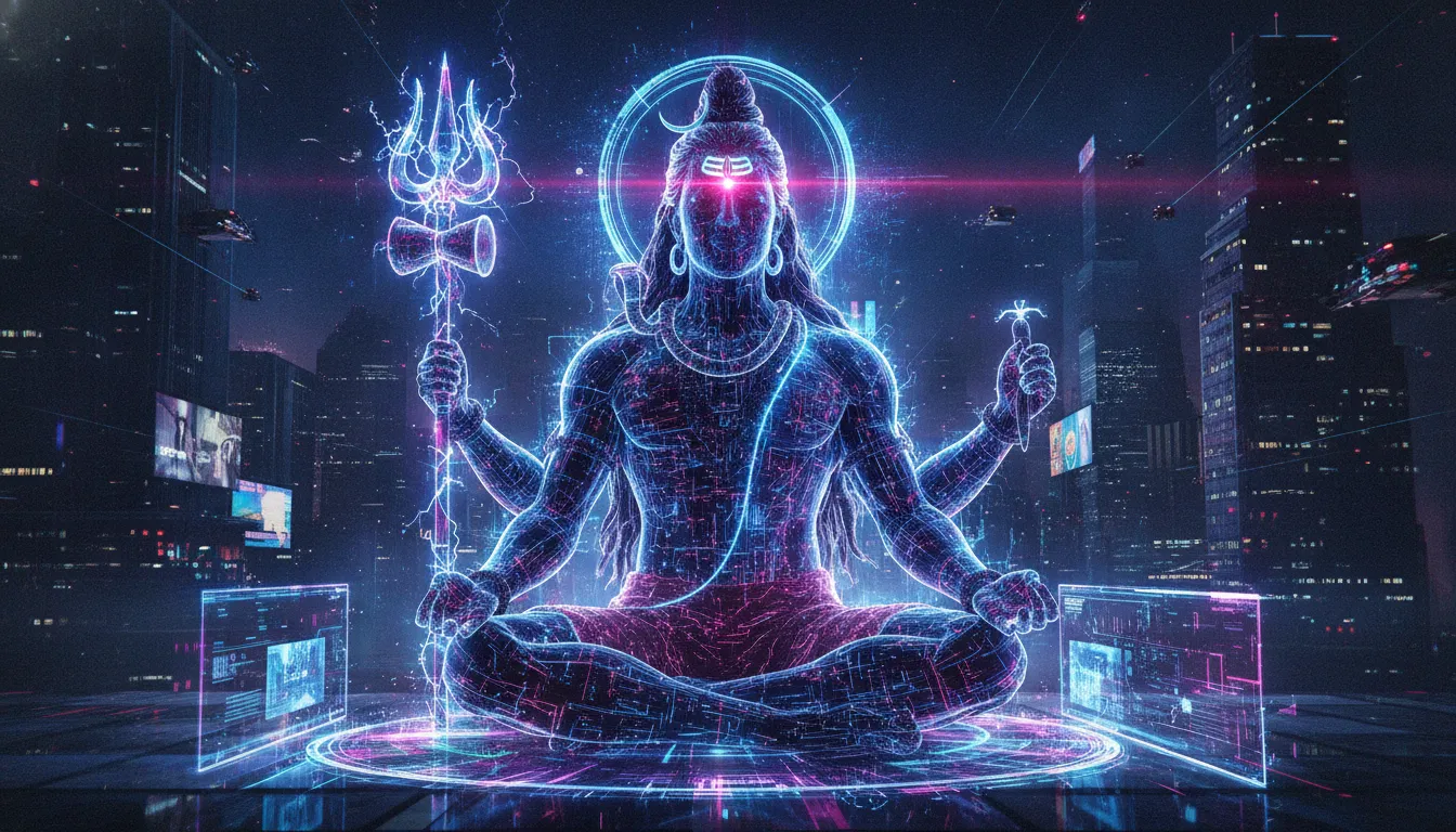 A futuristic neon-themed digital art of Lord Shiva with glowing blue and purple lines.