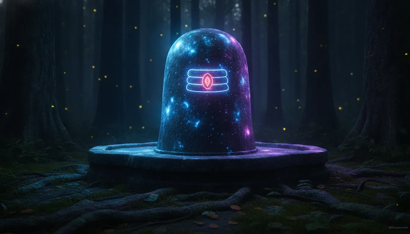 A modern artistic Bahubali Shivling glowing with cosmic blue and purple neon light.