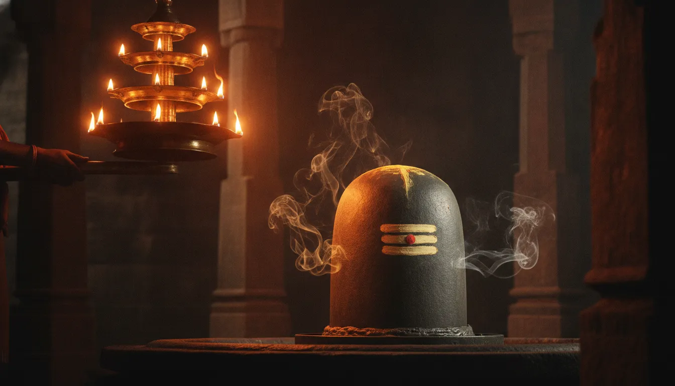 Vibrant Omkareshwar shivling image illuminated by the glowing flames of temple night aarti lamps.