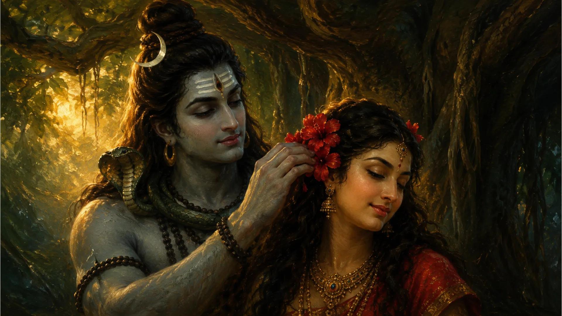 Rich oil portrait painting showcasing close up of Lord Shiva hands weaving flowers into Goddess Parvati hair under a Banyan tree.