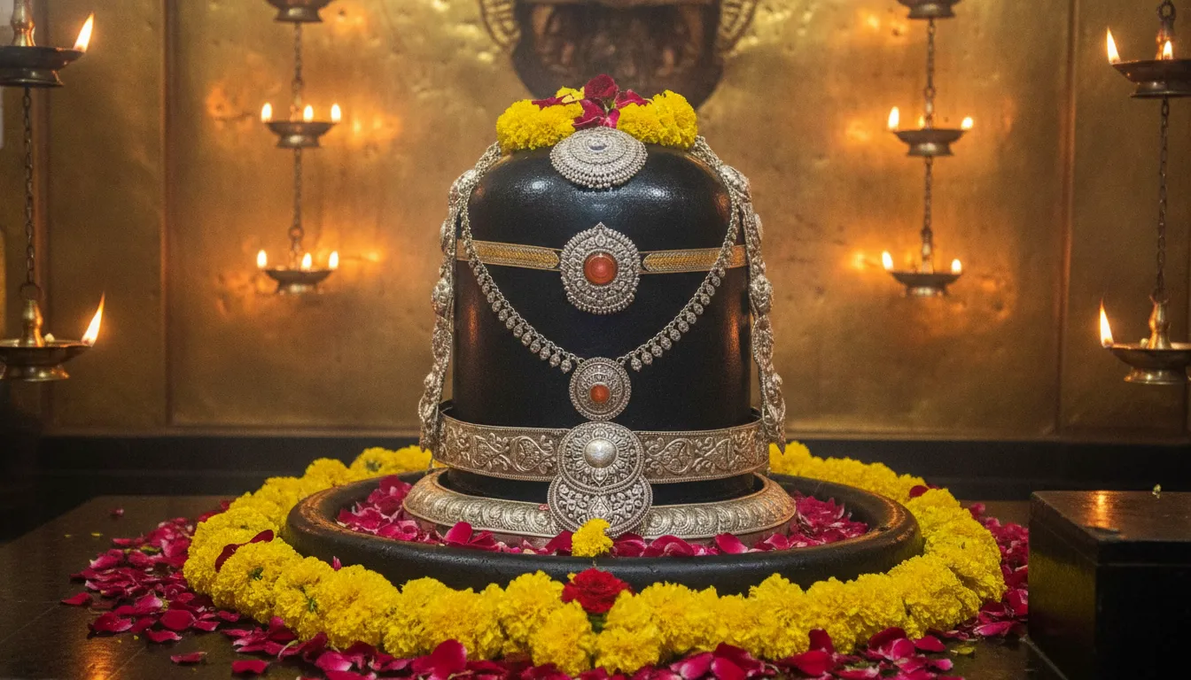 Original Mallikarjun shivling image in full HD decorated with fresh flowers inside the temple sanctum.