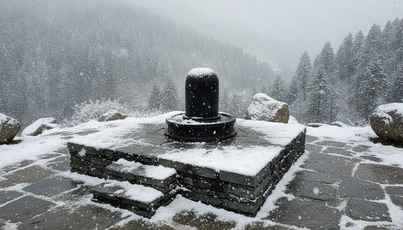 An outdoor stone Shivling beautifully covered in fresh snow during a winter snowfall.