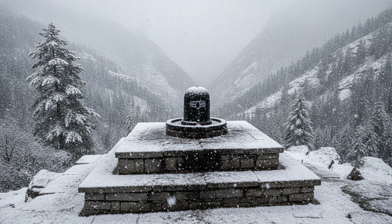 An outdoor stone Shivling beautifully covered in fresh snow during a winter snowfall.