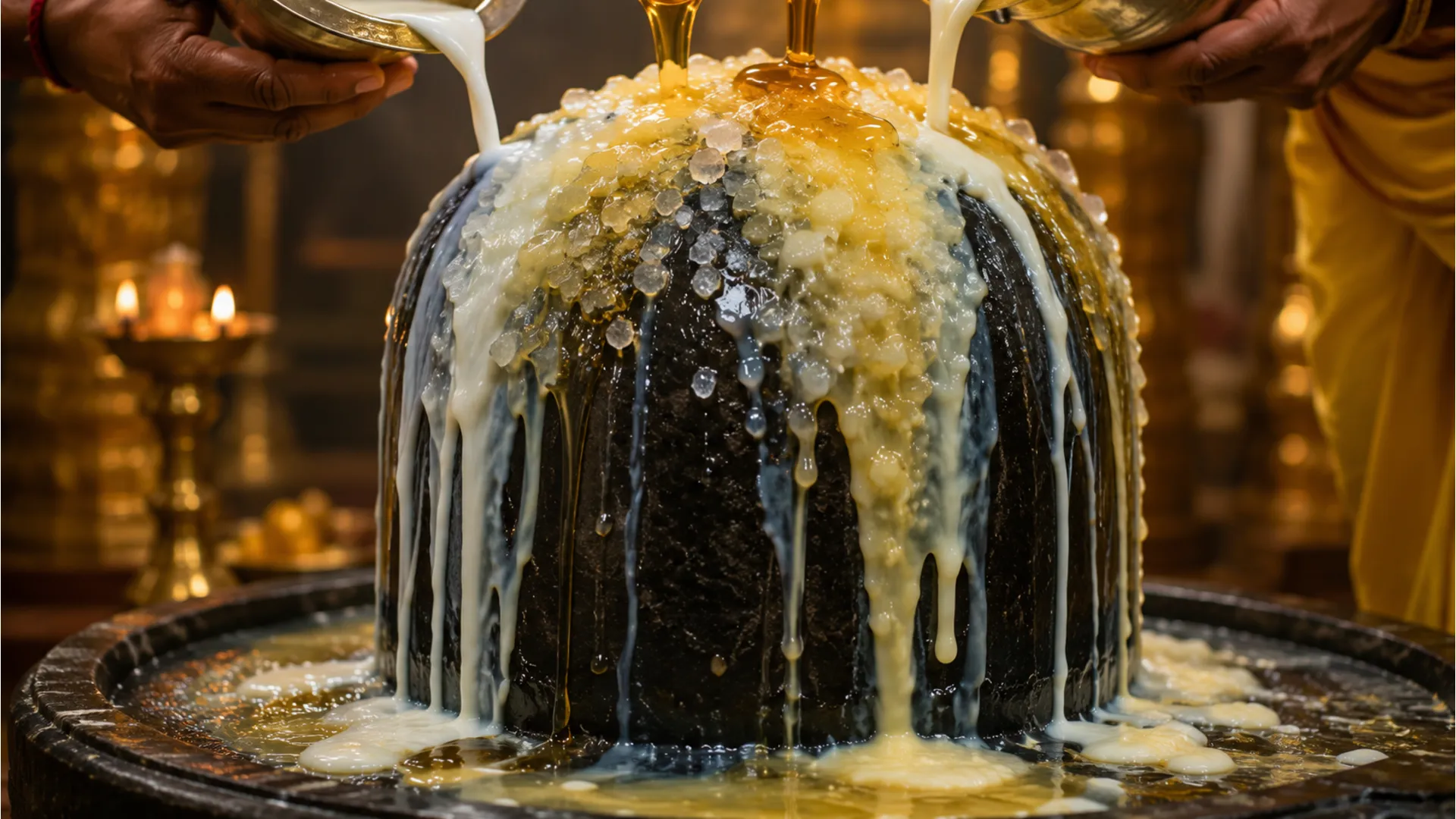 Traditional mixture of honey, curd, ghee, and milk poured over Deoghar shivling.