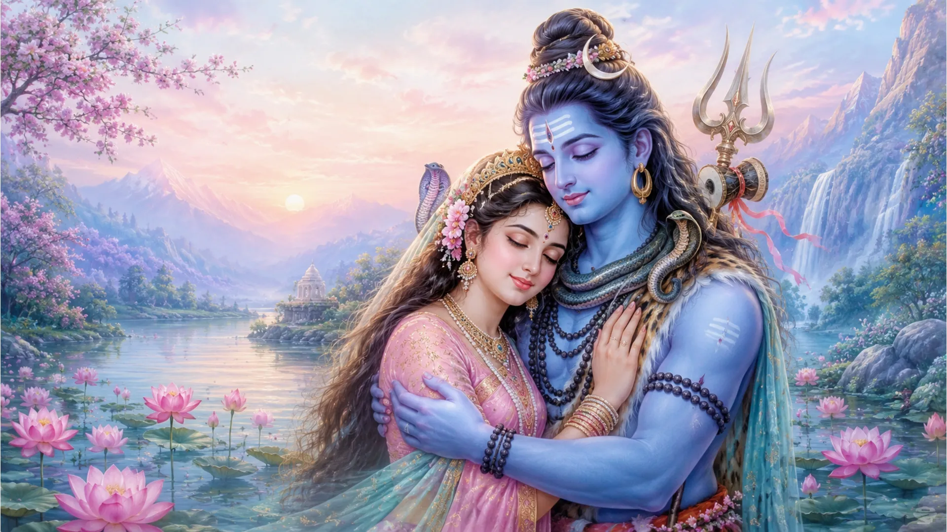 Soft pastel color painting of Shiva and Parvati holding hands and embracing near a calm lotus pond.