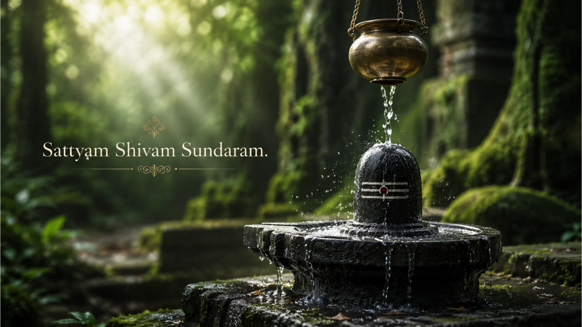 Realistic 4k photo of a minimalist stone Shiva Lingam in a serene forest receiving water offerings.