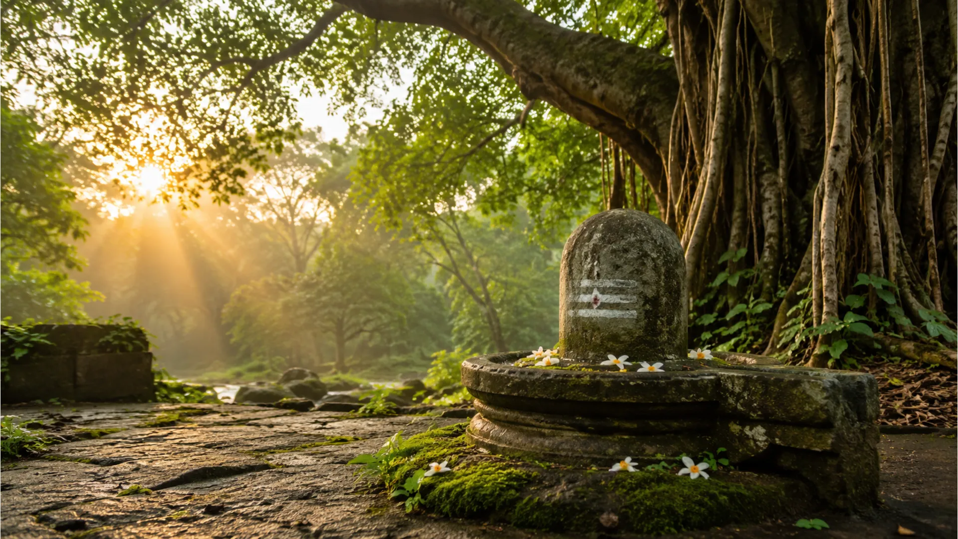A hidden stone Shivling photo image in a green forest during a golden sunrise.