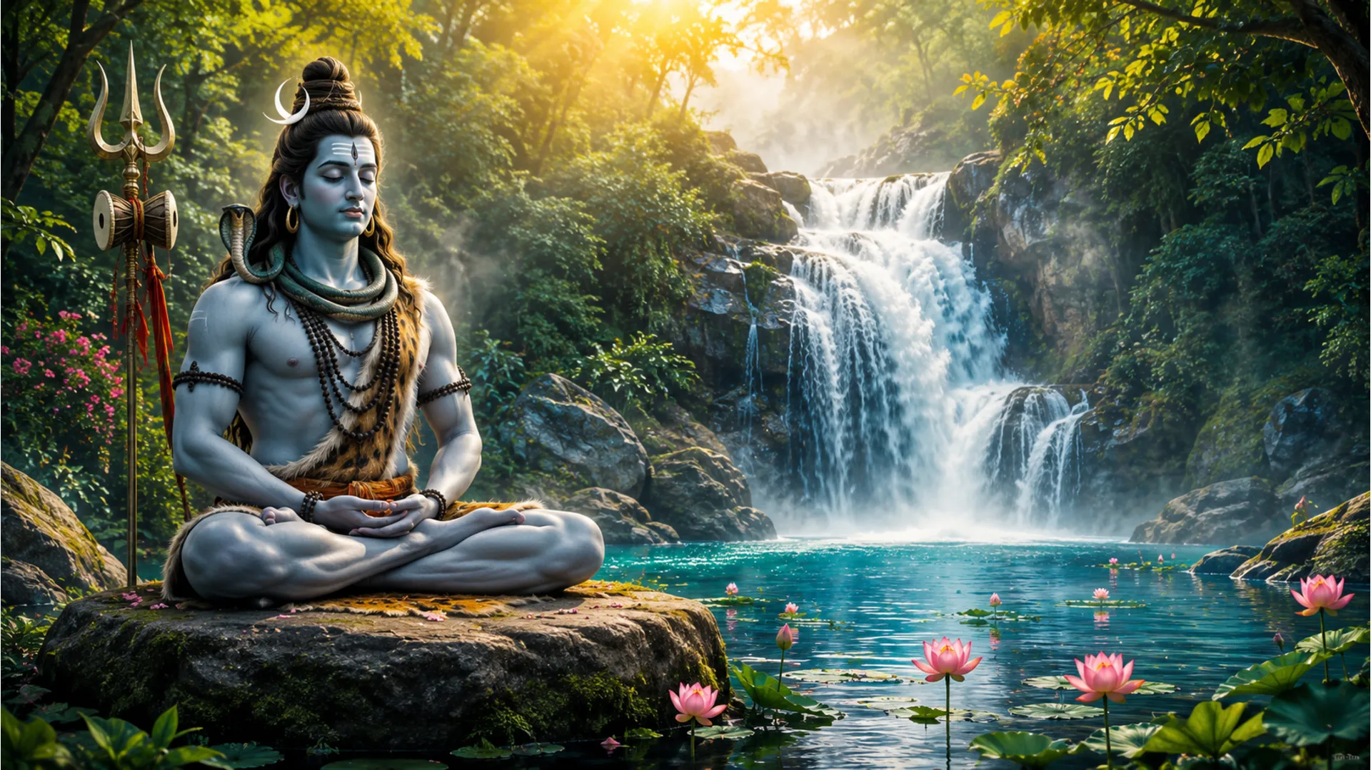 Spiritual image of Mahadev meditating by a beautiful forest waterfall.