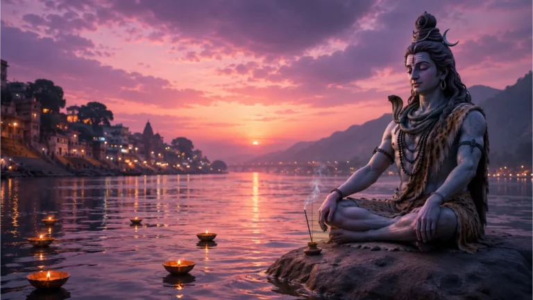 Peaceful representation of Lord Shiva sitting by the banks of the holy river Ganges