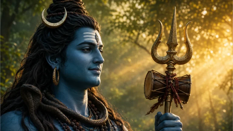 Close-up of Lord Shiva holding a Trishul with a peaceful expression in HD.