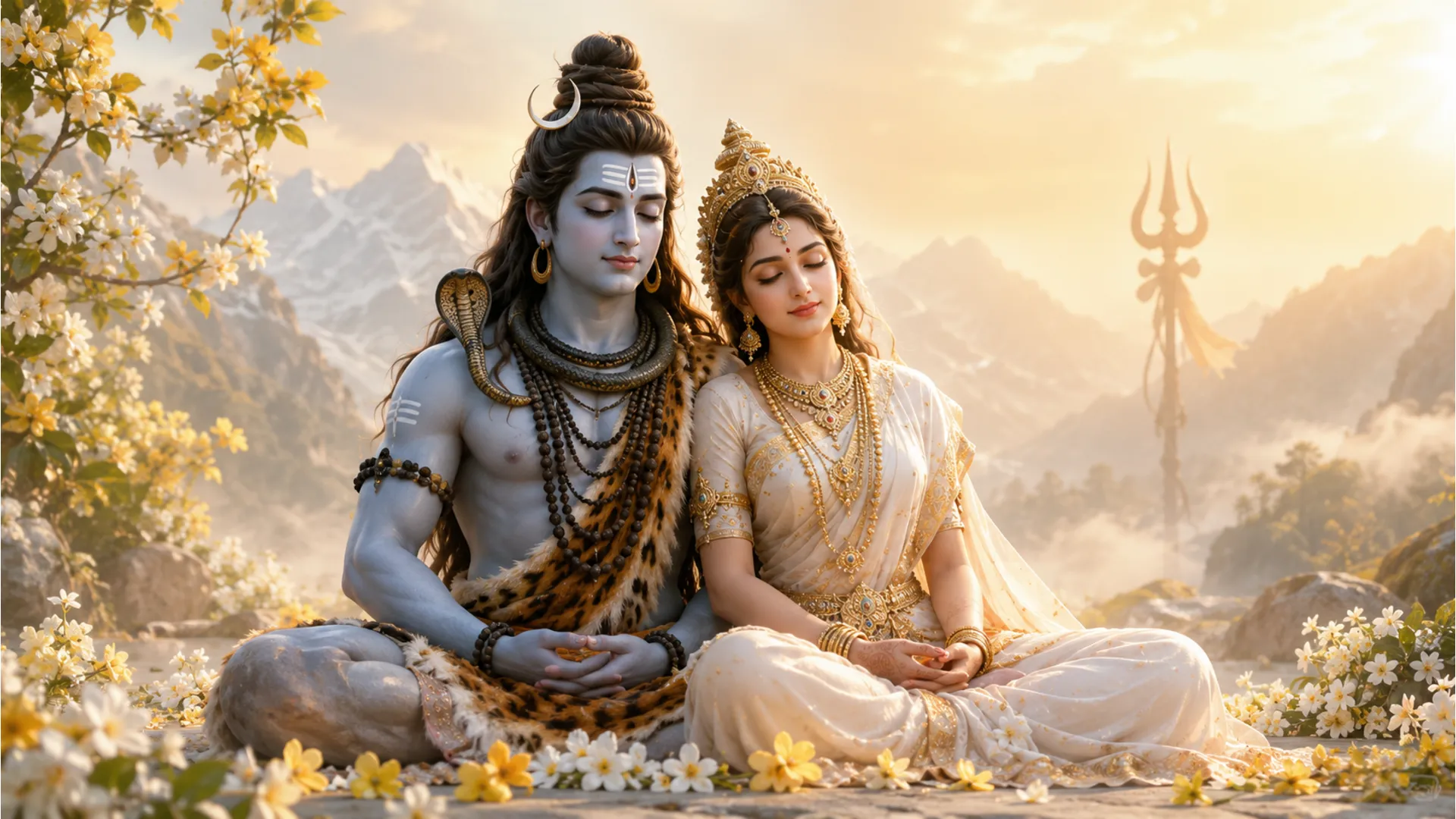 shiva parvati morning meditation light yellow flowers trishul aesthetic portrait