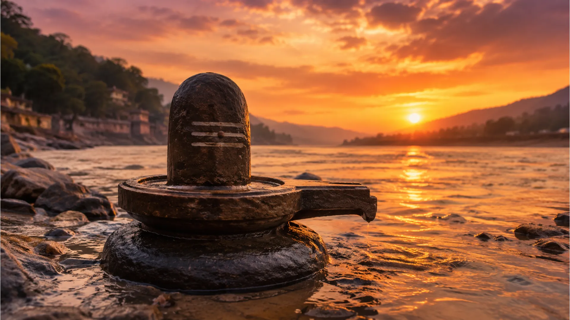 Natural stone Shivling image photo on the banks of river Ganga during a golden sunset