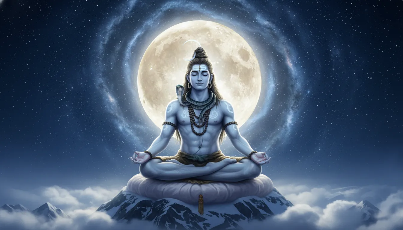 Peaceful Lord Shiva portrait with a glowing crescent moon in hair