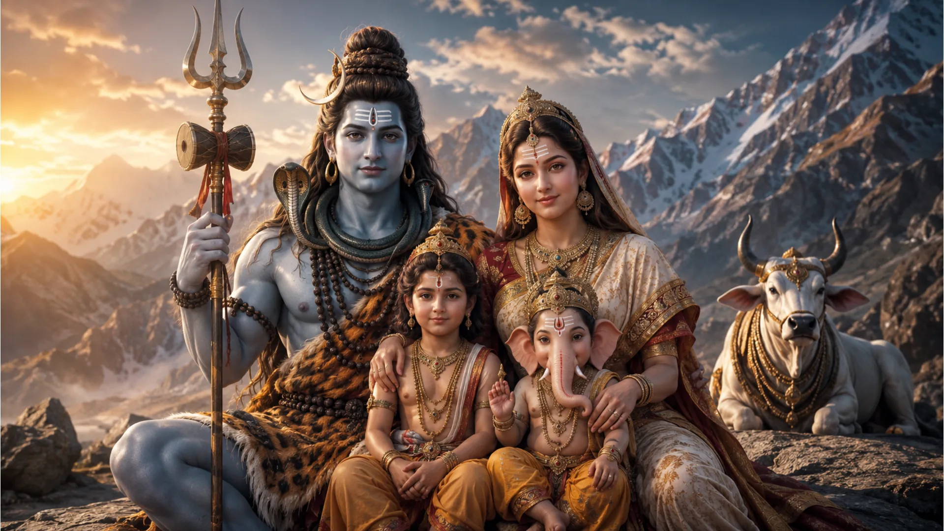 Serene Har Har Mahadev family photo HD in a traditional peaceful forest setting.