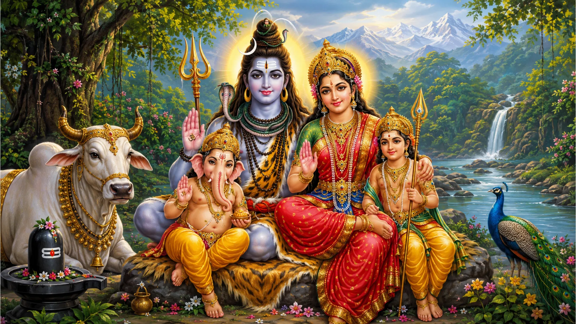 Divine Shiva family sitting together peacefully in a lush green forest.