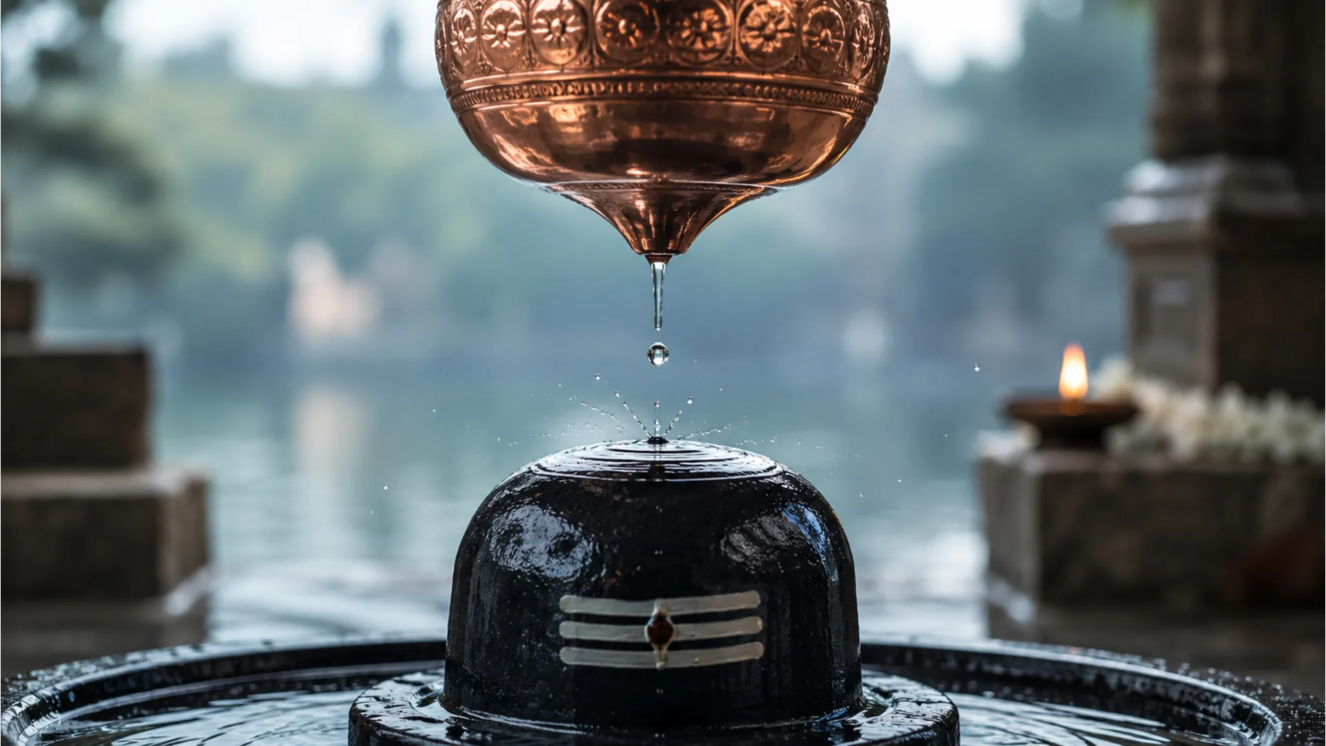A copper kalash hanging above a Shivling dripping crystal-clear water droplets continuously.