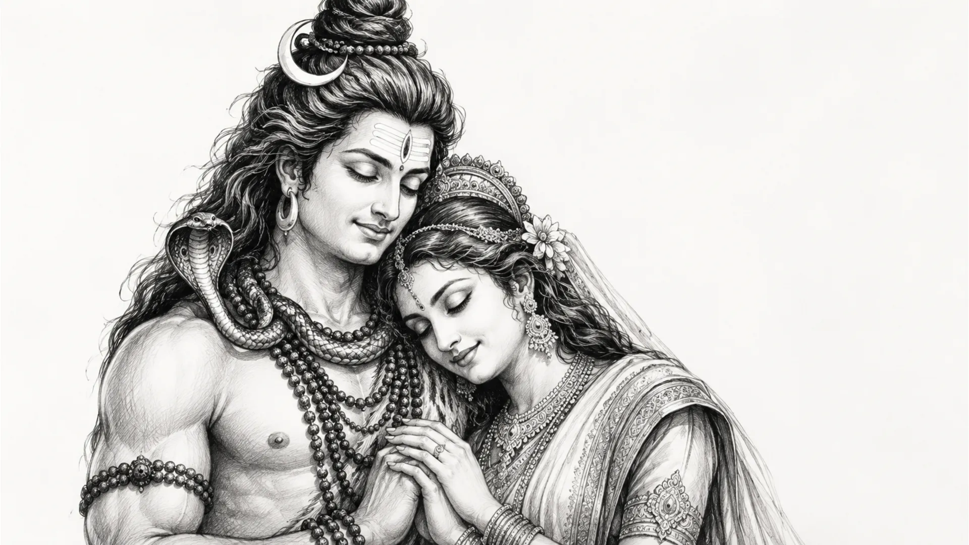 Detailed black and white pencil sketch of Shiva and Parvati in a gentle embrace focusing on facial expressions.