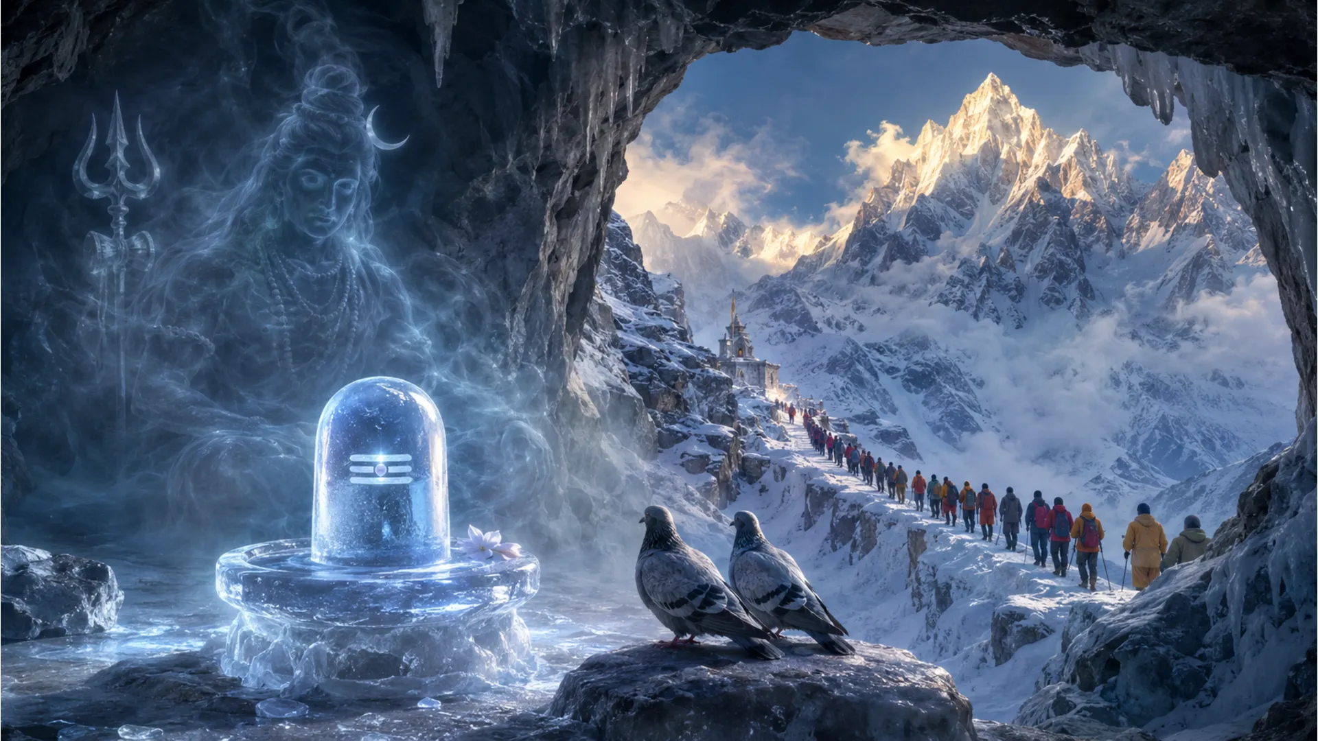 Devotees walking through snowy Himalayan mountains towards the ice shivling cave.