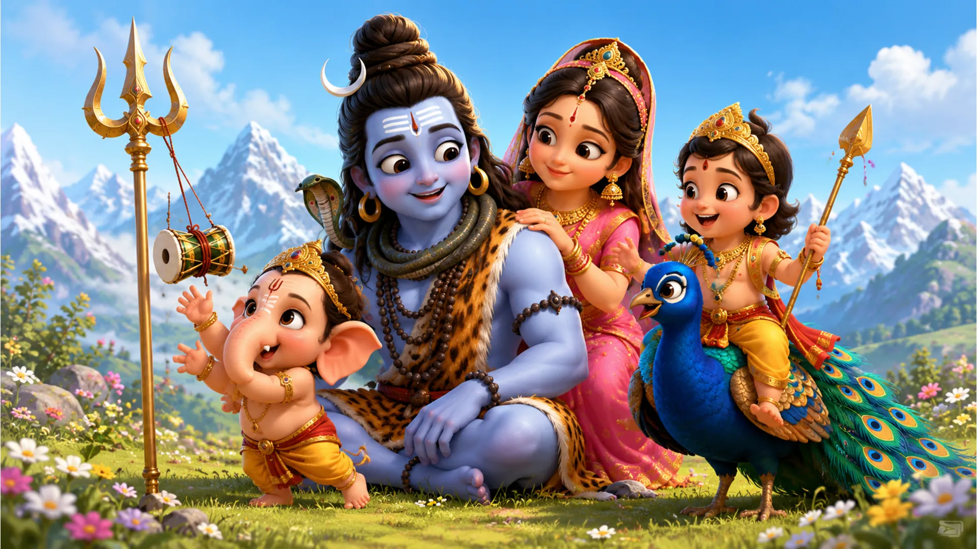 Playful artwork of baby Ganesha and Kartikeya playing with Shiva's damru while Parvati watches happily.