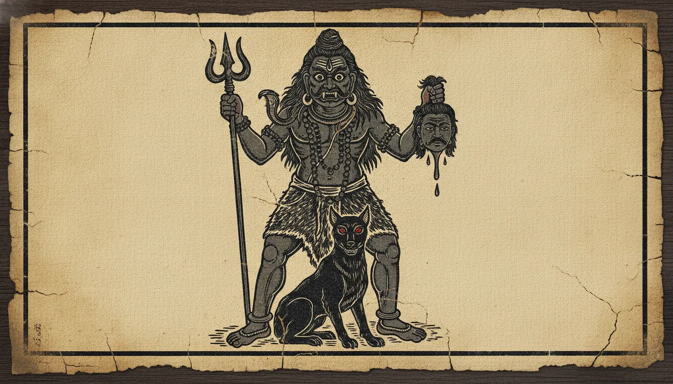 A distressed vintage style illustration of Lord Shiva in his fierce Bhairava form with a dog.