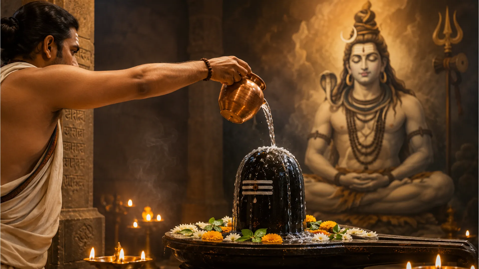 A devotee performing Abhishek by pouring water from a copper vessel onto a Shiva Lingam inside a shrine