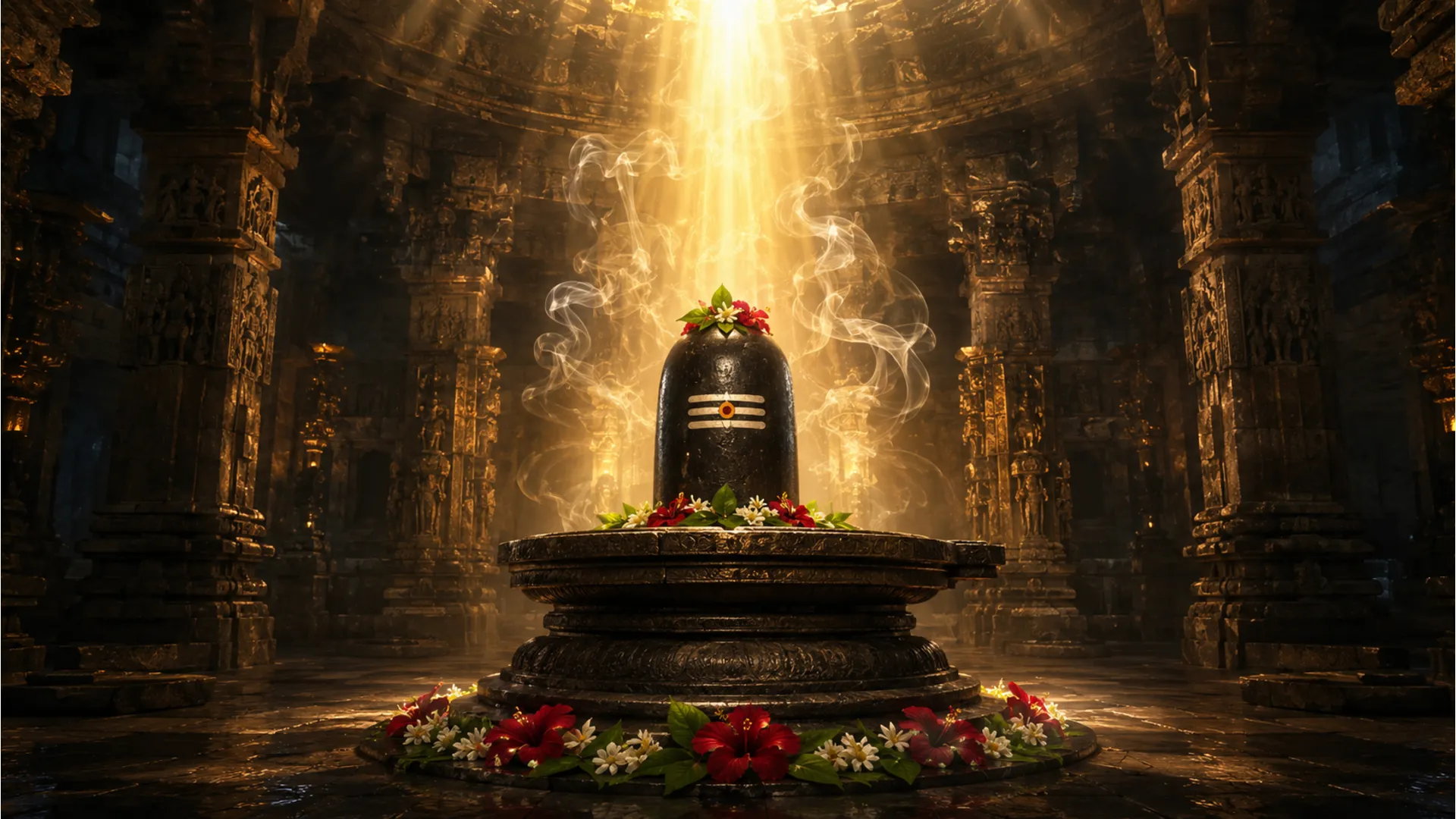 A powerful grand Shivling photo image illuminated by divine golden light rays.