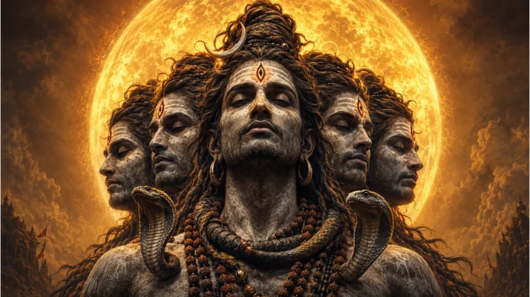 Ascetic multi-faced Shiva covered in holy ash with a bright golden sun background