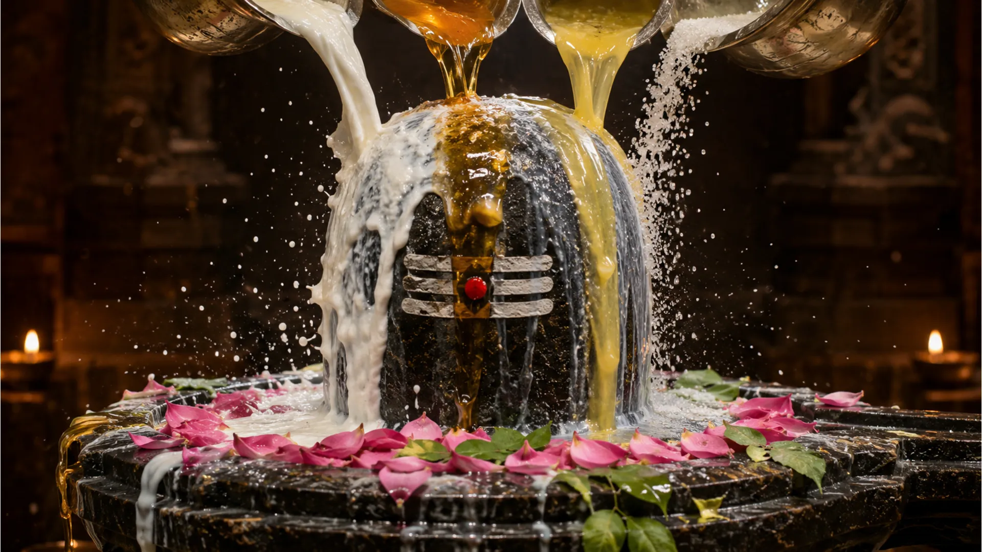 A combination of milk, curd, honey, ghee, and sugar being poured over a holy stone Shivling.