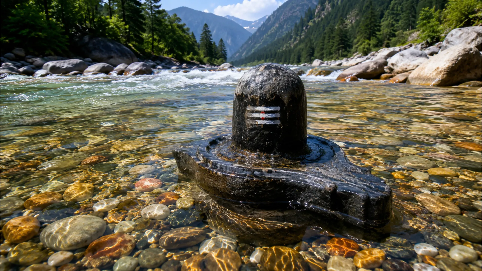 A pristine stone Shivling photo image submerged under clear running river water.