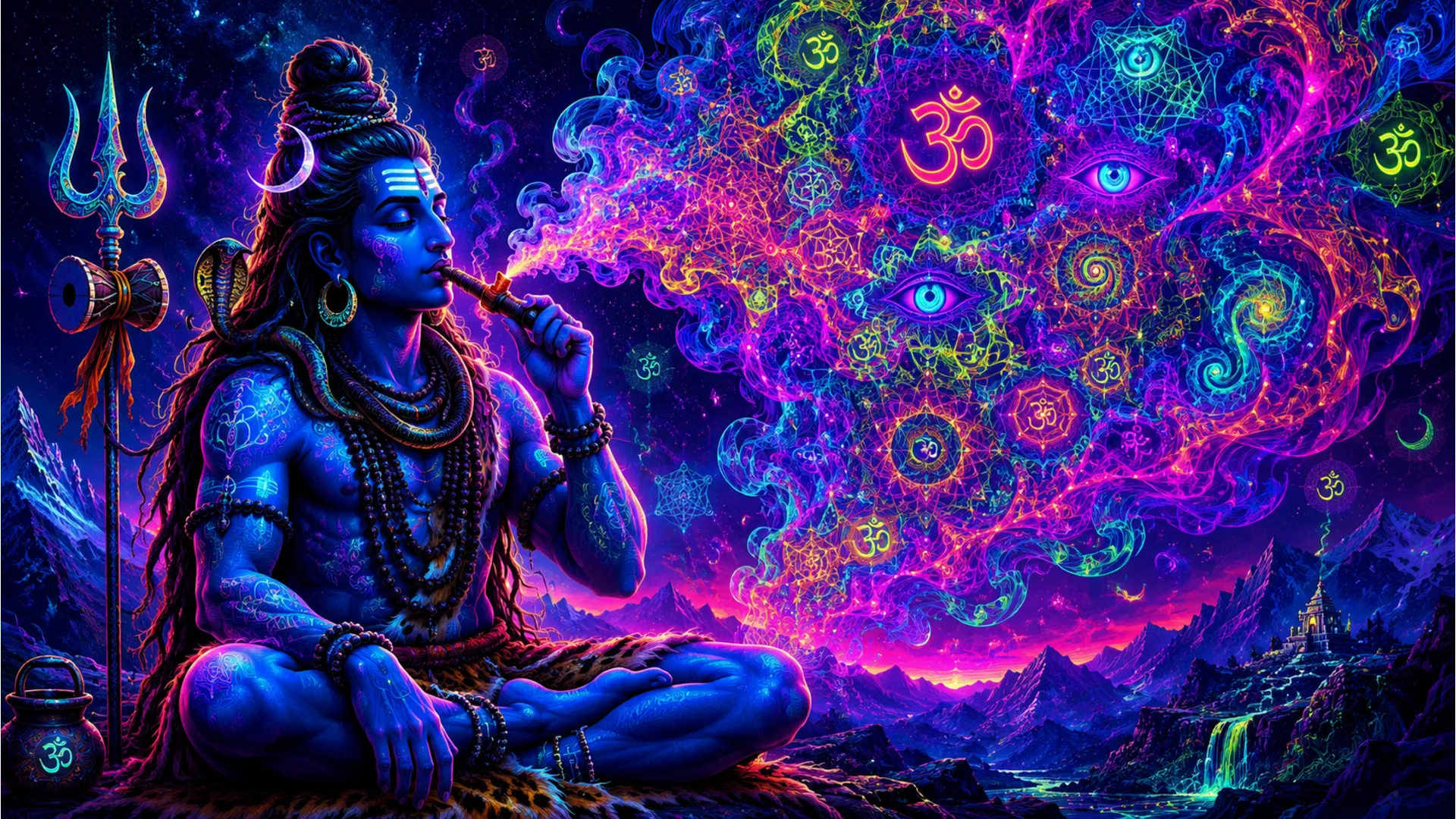 Psychedelic style har har mahadev ganja photo with glowing trippy effects.