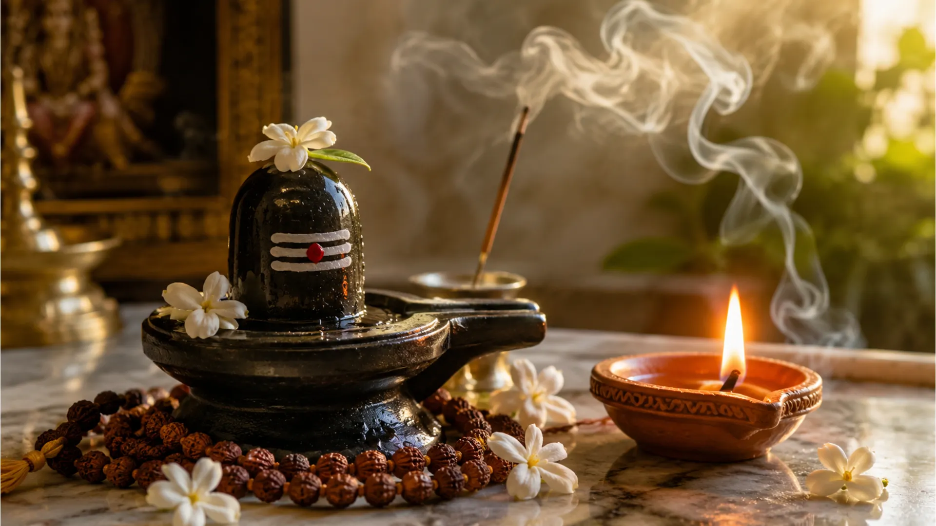 Lit clay diya and incense smoke next to stone shivling