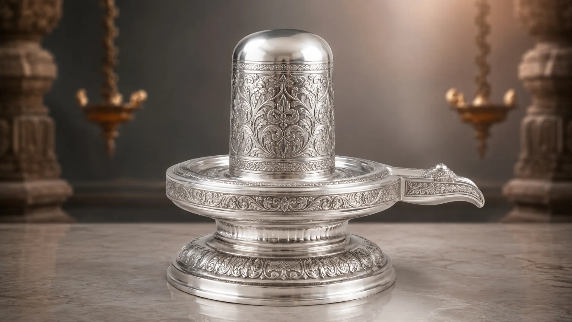 A beautiful pure silver shivling with intricate traditional Indian floral engravings and smooth shiny finish.