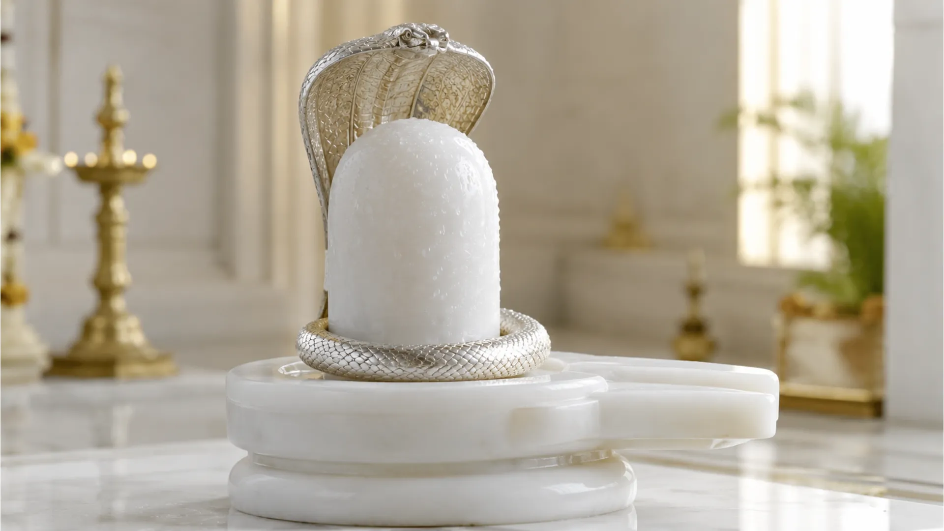 A pristine white marble Shivling photo image with water droplets in a modern temple.