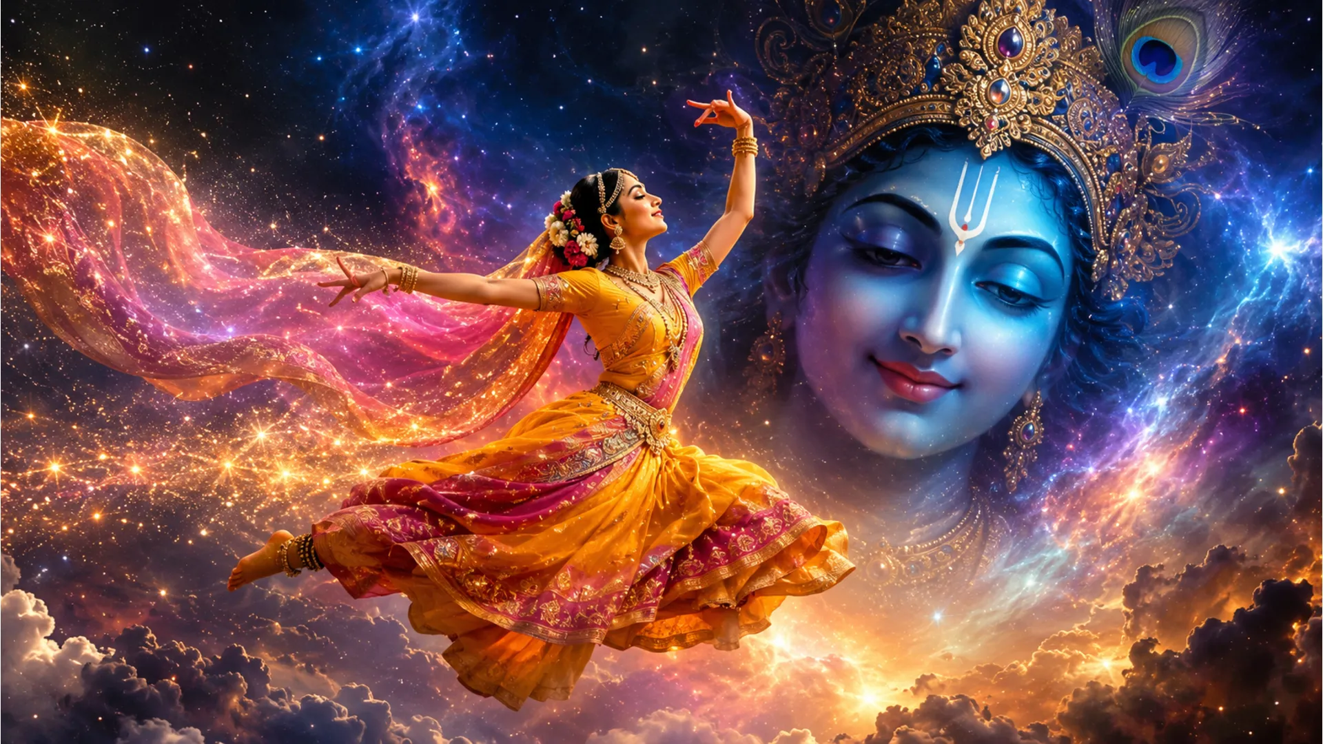 Classical dancer performing mid-leap against a cosmic background featuring a peaceful blue Krishna portrait.