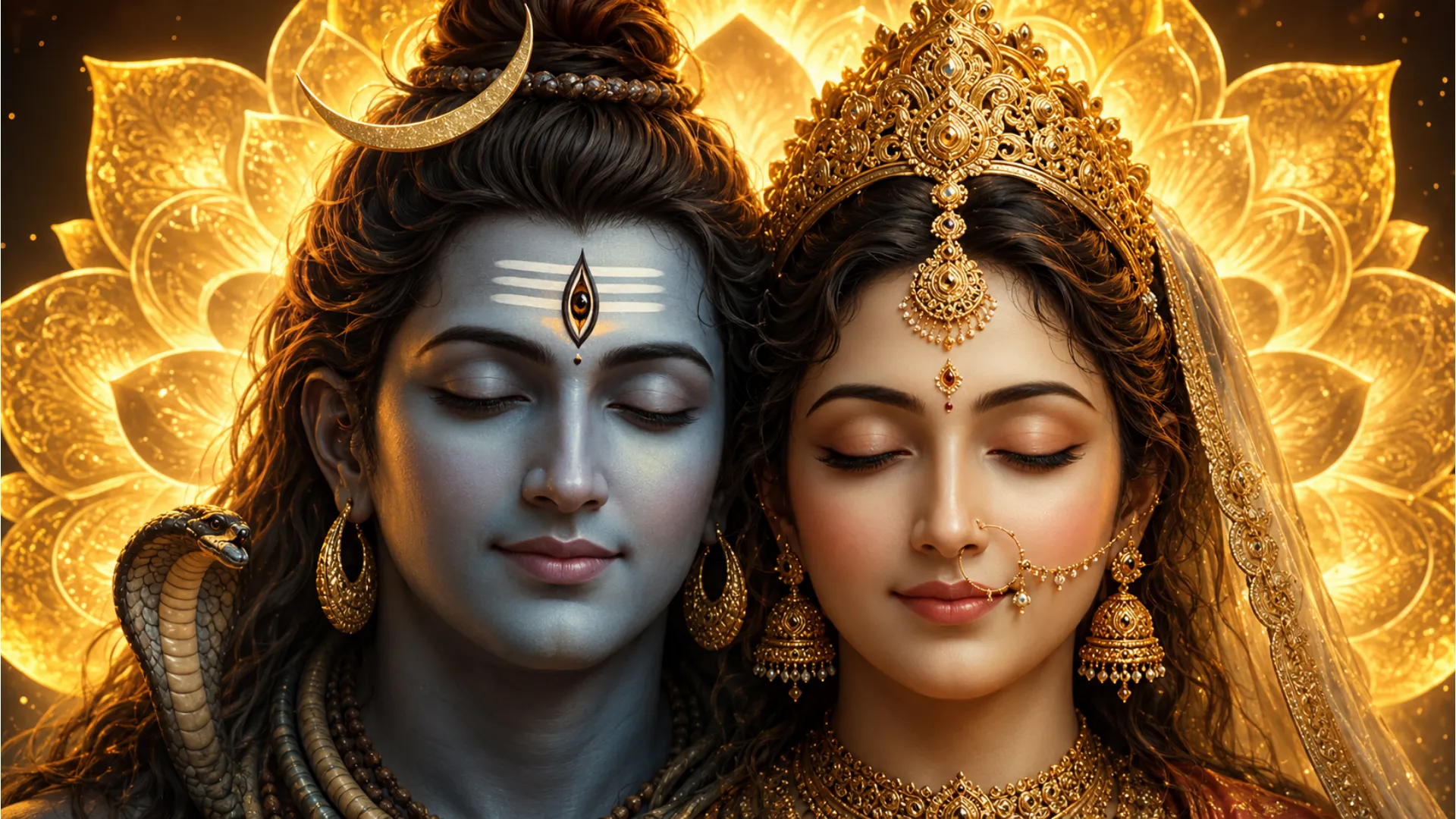 Detailed close-up portrait of meditating Shiva and Parvati with a radiant golden lotus aura.