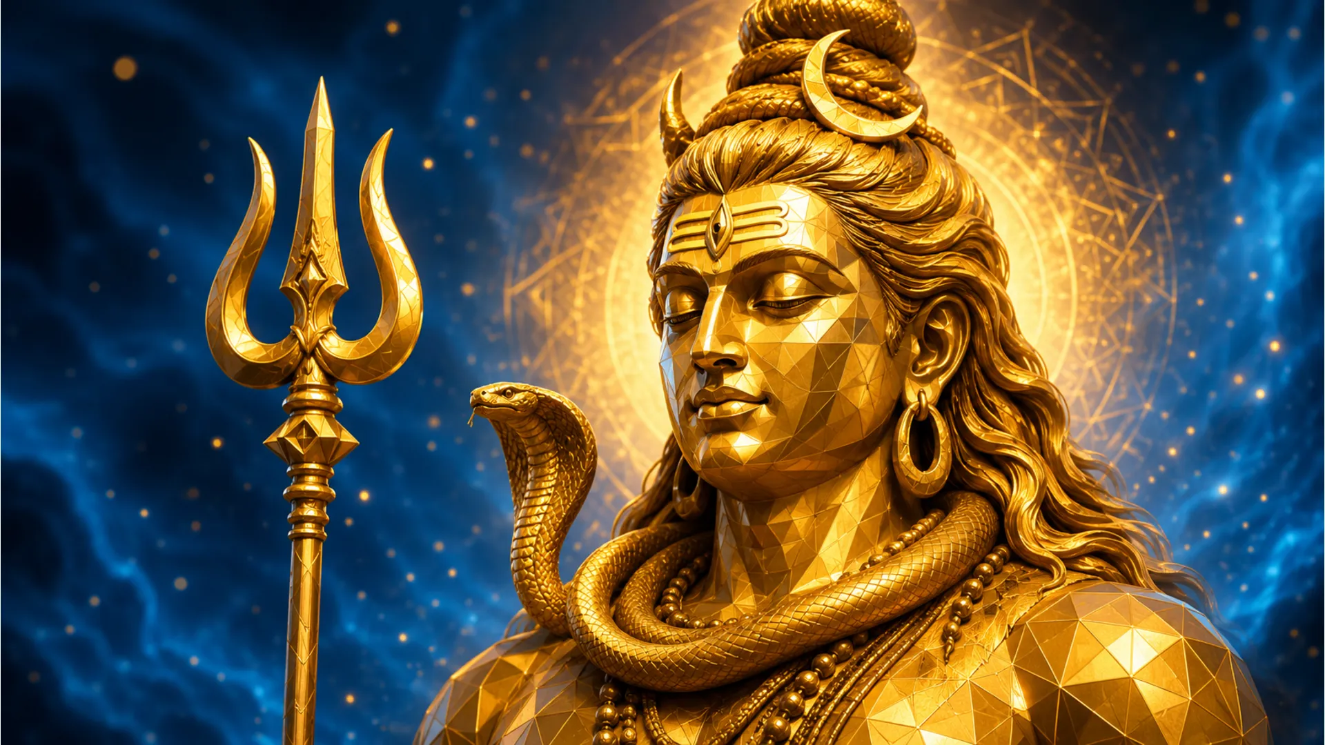 A modern artistic interpretation of a Lord Shiva statue rendered in gleaming golden colors.