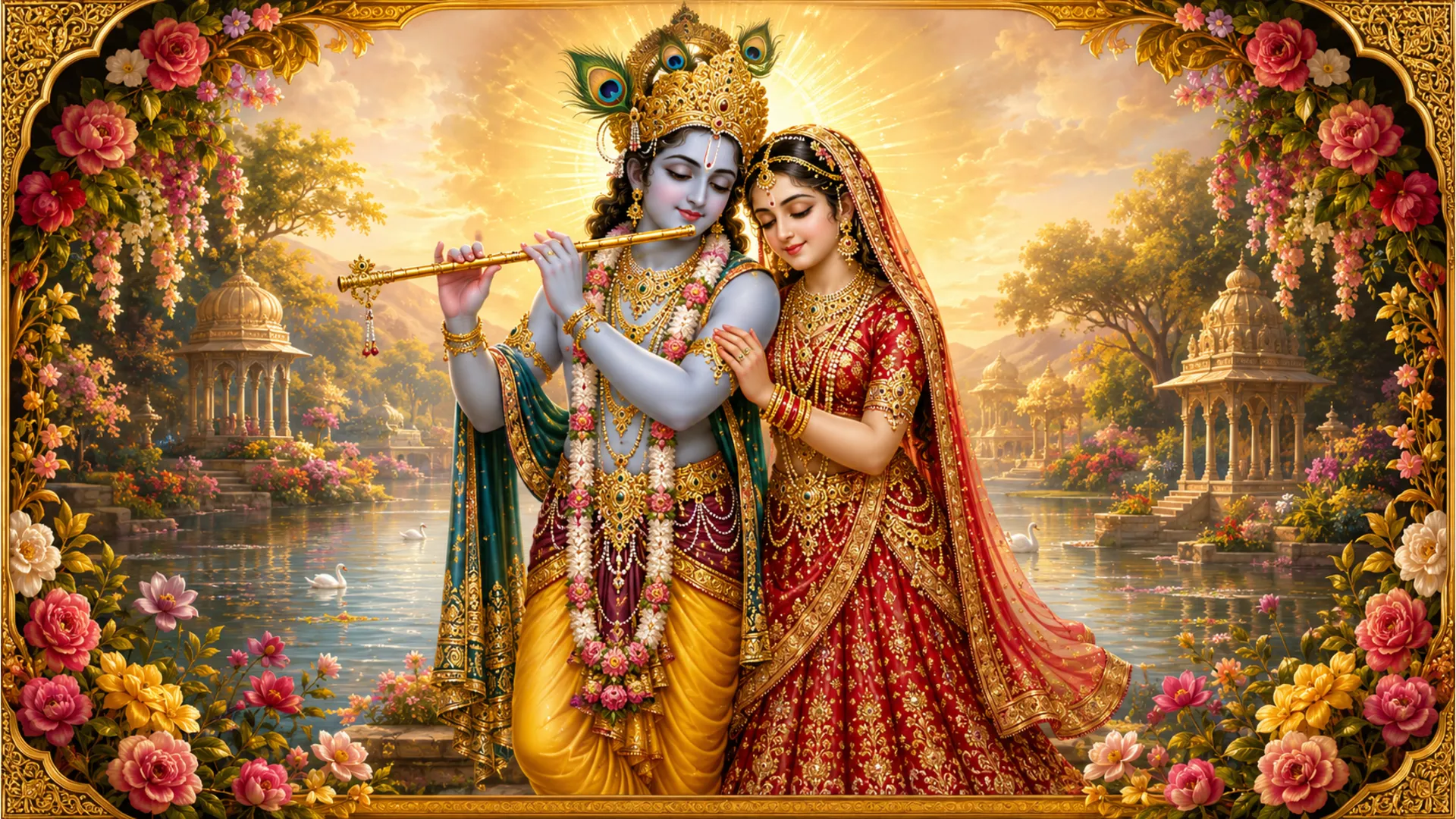 Spiritual temple painting of Radha and Krishna standing under a blooming tree near a sacred river with glowing golden halos.