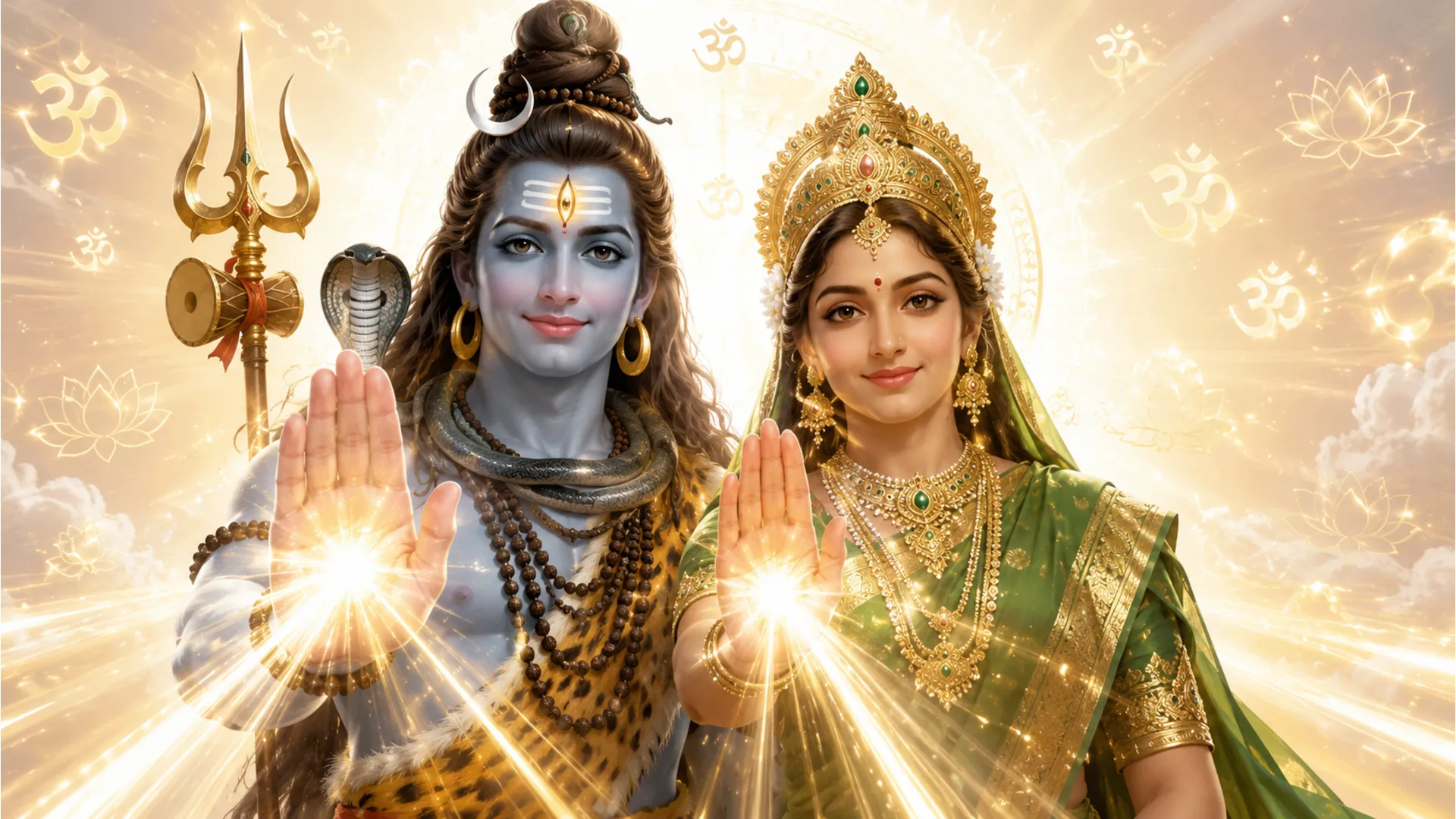 Bright digital artwork of Shiva and Parvati holding their hands up in the blessing posture.