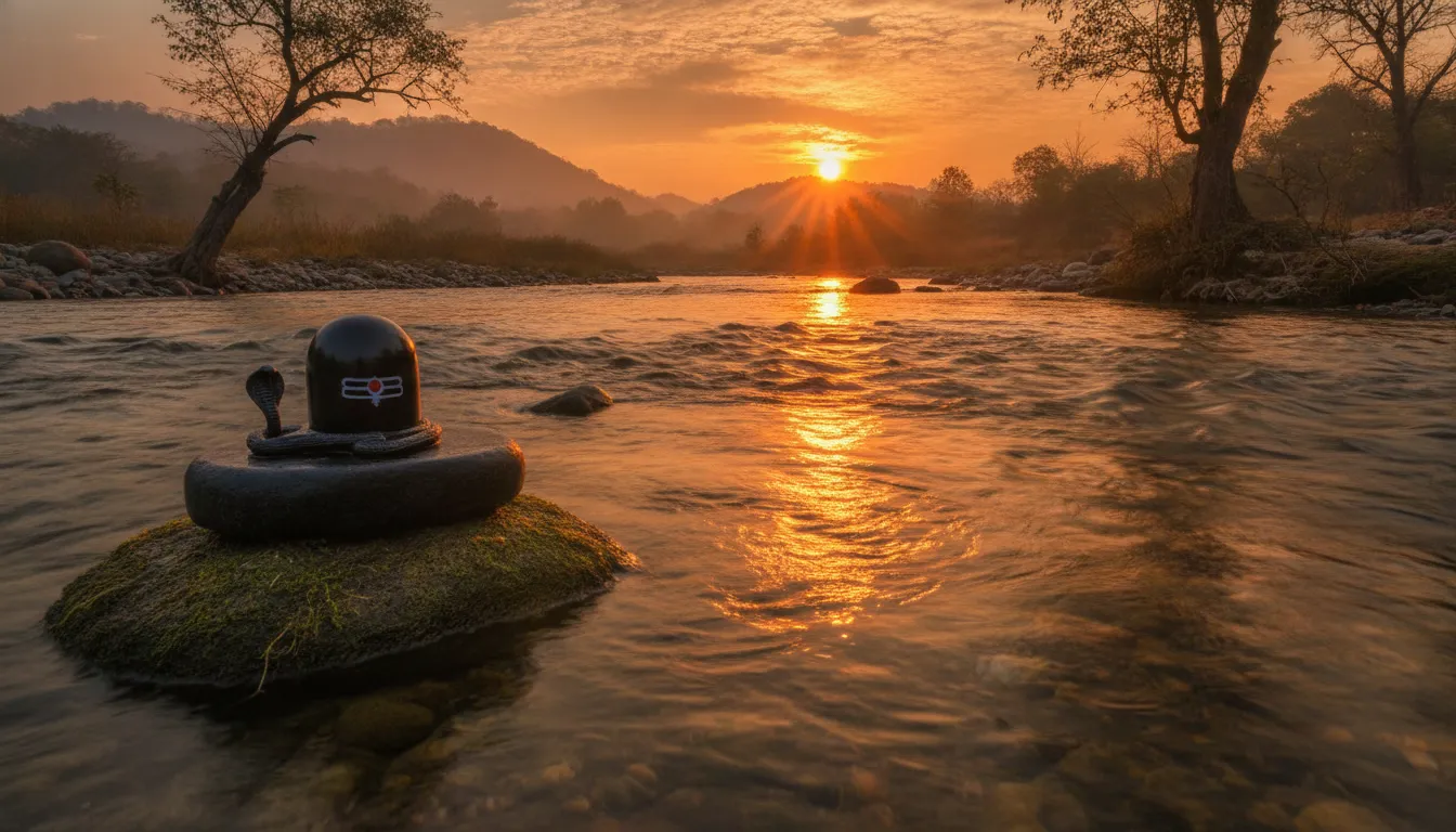 Peaceful stone Shivling placed on the banks of a sacred river during a warm, colorful golden hour sunset