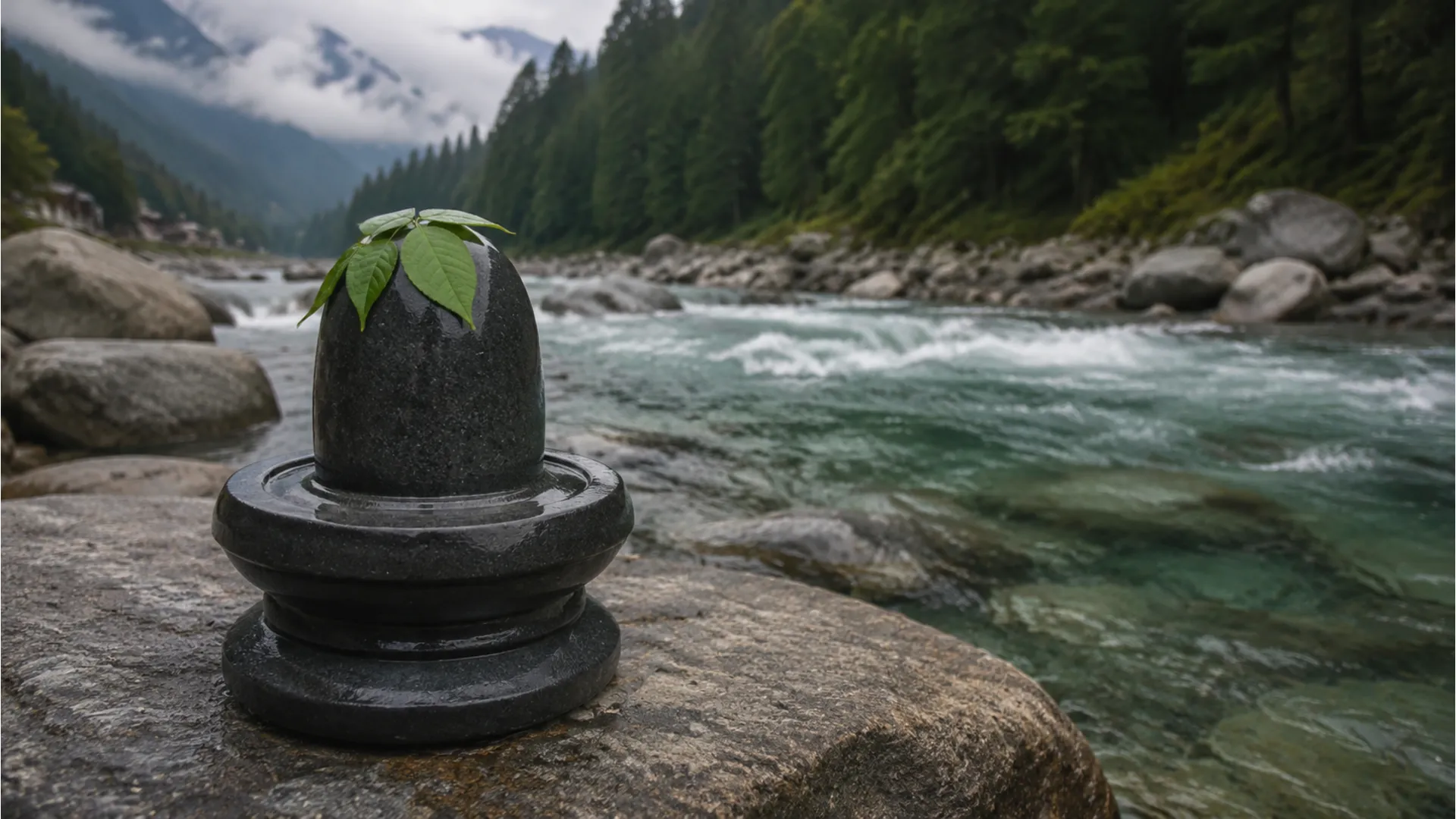 Natural stone image shivling placed on the rocky bank of a flowing river