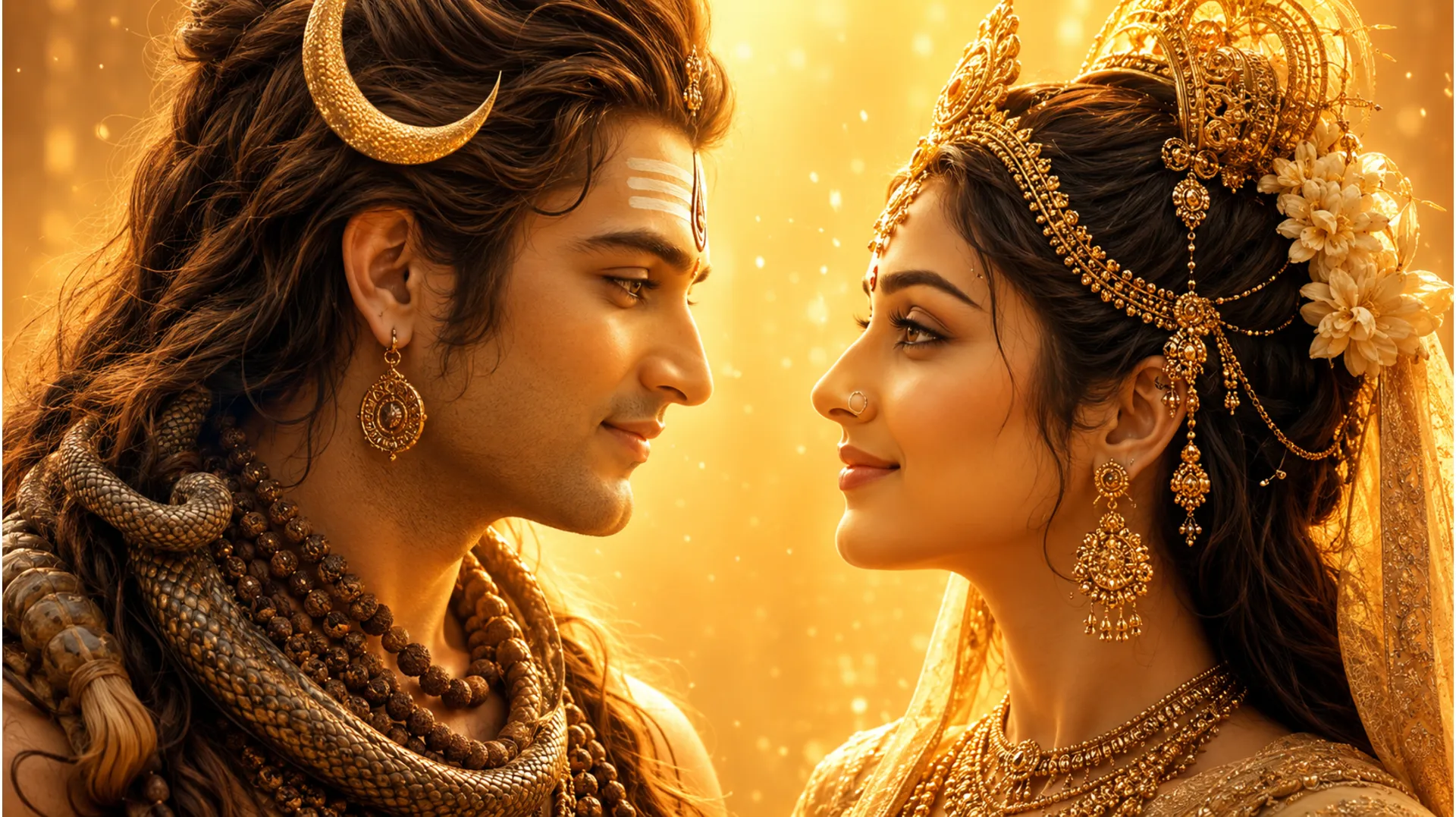 Close up portrait of Shiva and Parvati looking at each other with divine love.