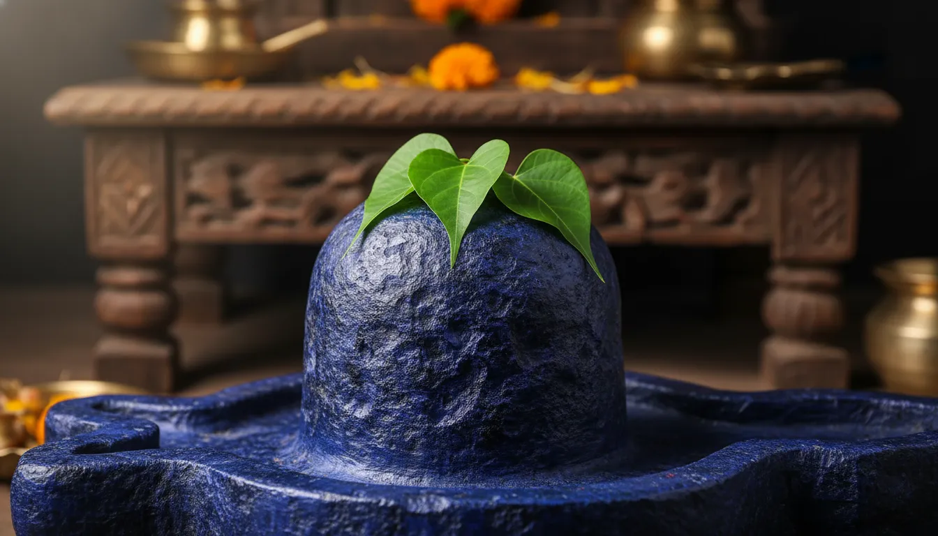 Royal blue textured stone Shivling images with bili patra offerings.