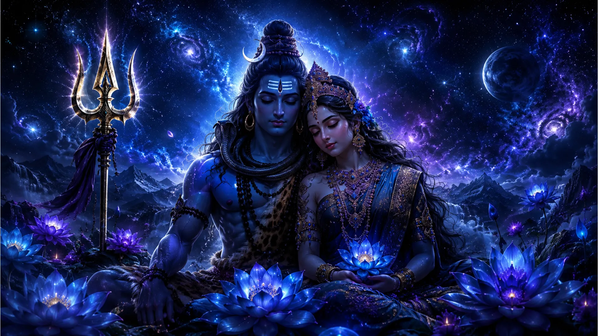 shiva parvati cosmic background blue lotuses majestic trishul artwork