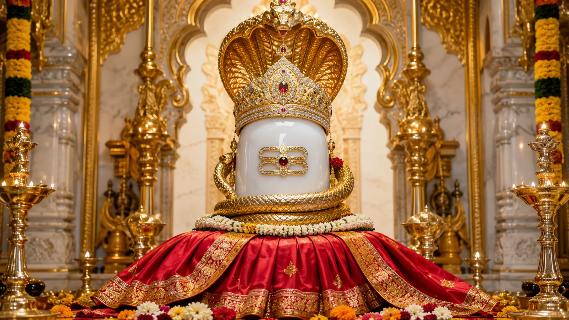 A pristine white marble Shivling adorned with a heavy golden crown and sparkling diamond jewelry