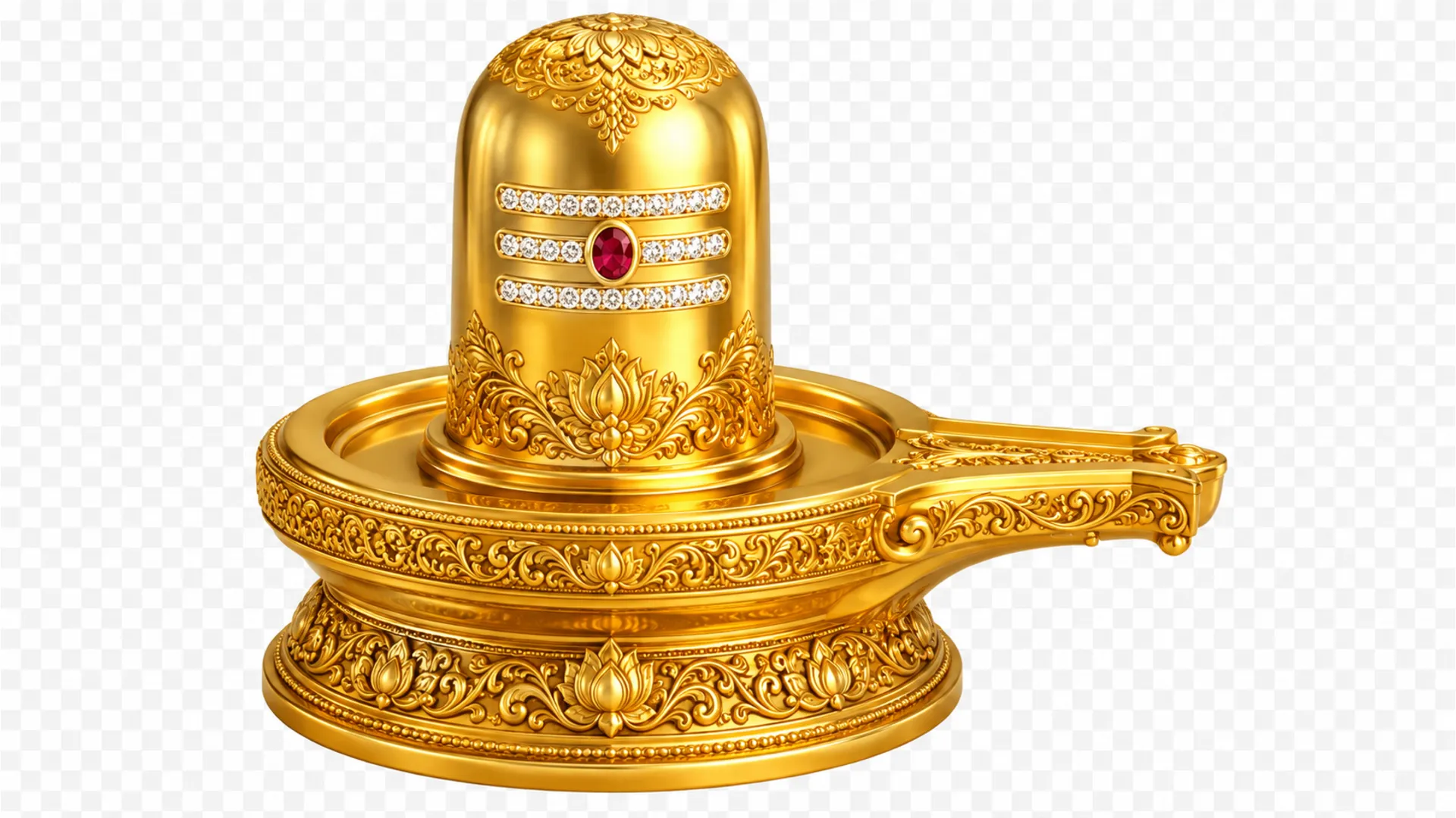 Luxury golden metallic shivling with intricate traditional carvings on a transparent background.
