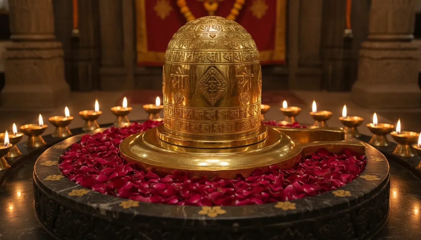 Royal golden shivling with intricate carvings under warm temple lighting.