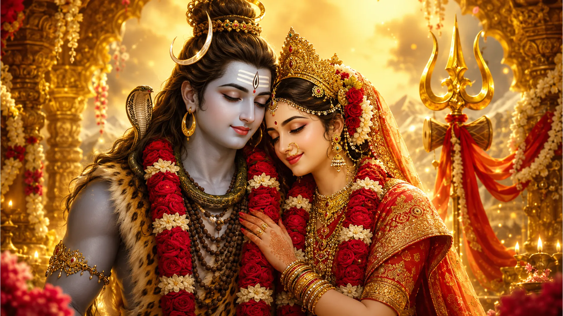 shiva parvati royal wedding look red roses golden trishul portrait
