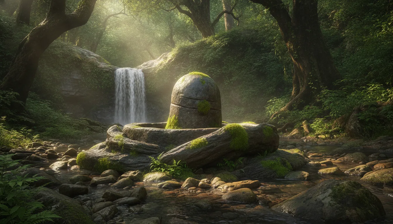 Natural mossy stone Shivling situated next to a pristine jungle waterfall stream.