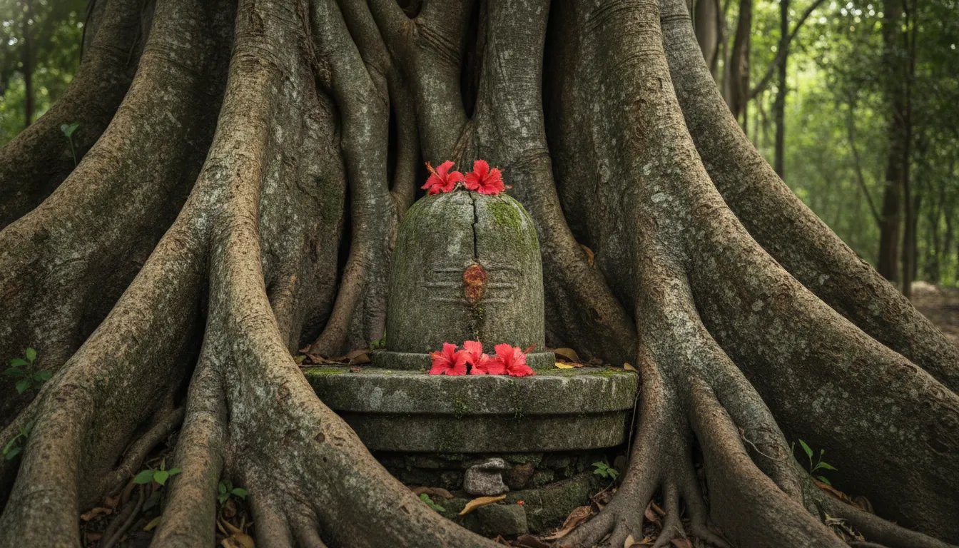 Ancient stone shivling placed under a large banyan tree in a peaceful forest setting.